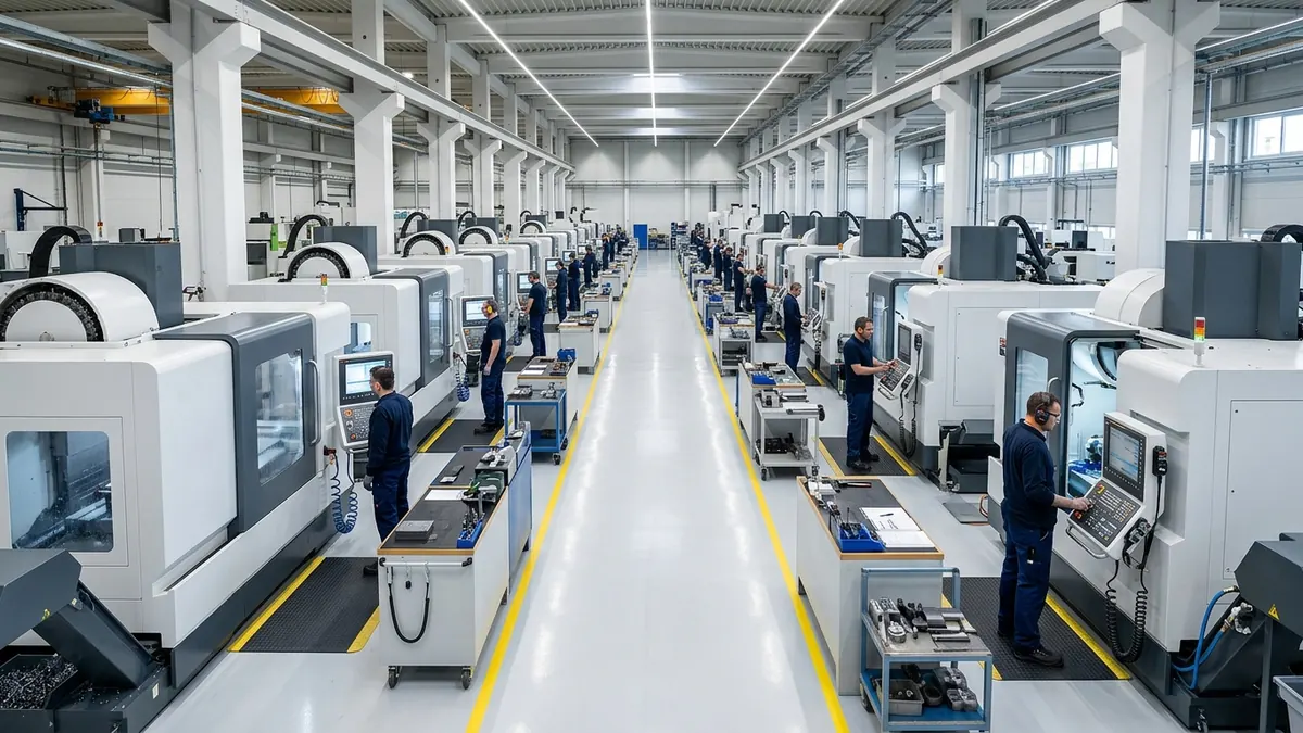 WMT CNC assembly hall with vertical machining centers and slant-bed turning centers undergoing laser inspection