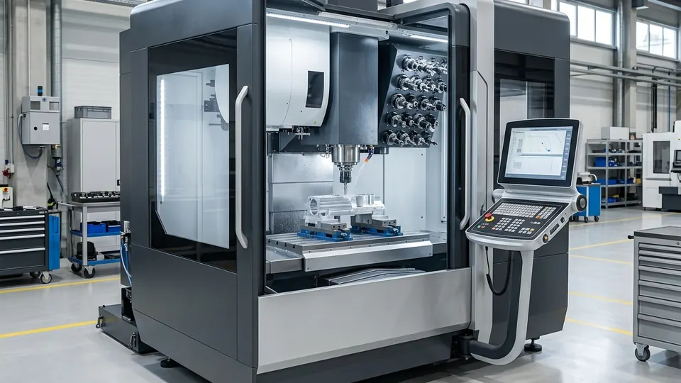 Precision milled steel mold cavity clamped on a vertical machining center table inside WMT Machine workshop